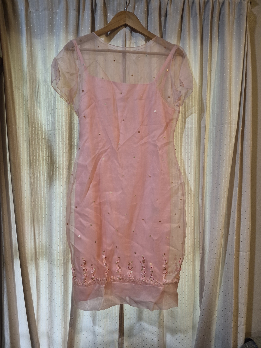 David Warren Vintage Y2K Pink Sheer Mesh Sequin Overlay Dress 4